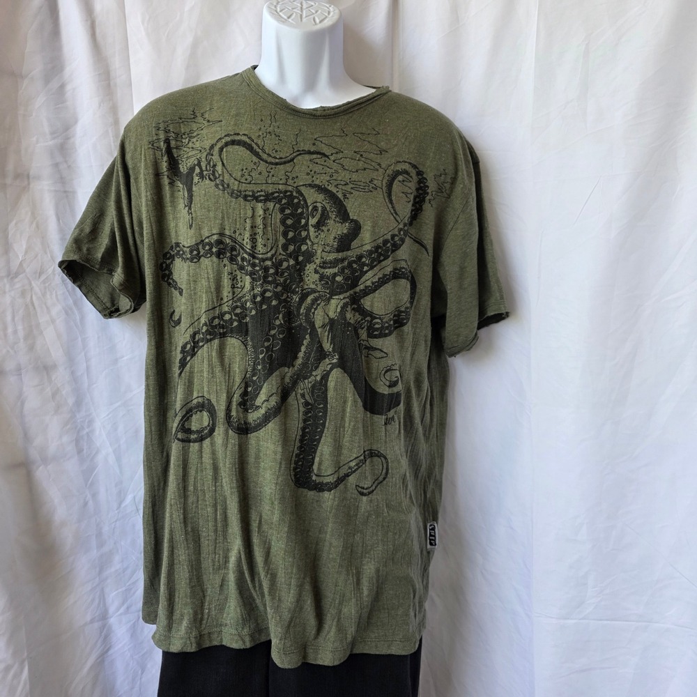 Sure Brand Octopus Graphic T-Shirt Mens Large? Olive Green Kraken Sea Creature